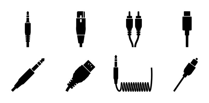 Audio and USB connector silhouettes set with jack, XLR, RCA and USB-C plugs for technology and music design