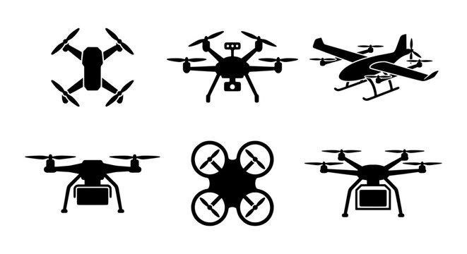 Drone silhouettes set with quadcopter, hexacopter and airplane for aviation and technology logo
