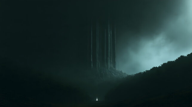 Dark and eerie scene featuring a towering monolithic structure under a gloomy cloudy sky with a mysterious distant light source casting an ominous shadow over a desolate landscape for thriller and hor