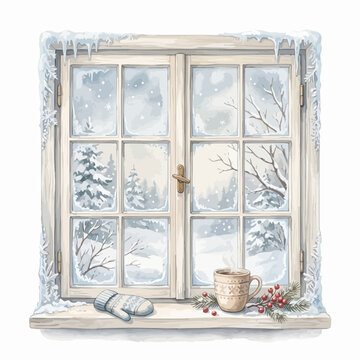 A cozy winter scene viewed through a frosted window pane, with a steaming mug and winter accessories on the sill
