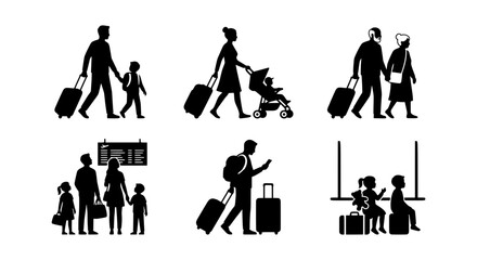 Family and couple travel silhouettes with luggage for airport and vacation themes © Nargis