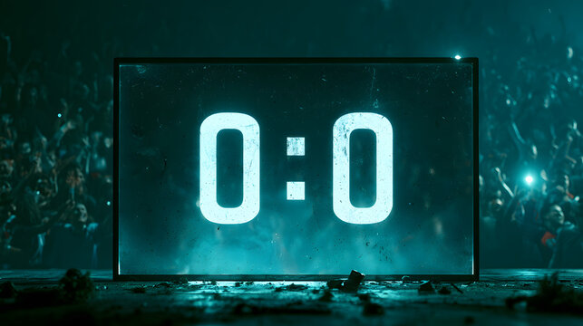 A glowing digital scoreboard displaying a zero-zero score at night inside a dark crowded stadium filled with cheering fans creating an intense atmosphere during a major sports event with cyan light