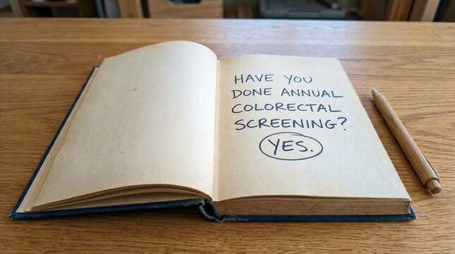 Open Book with Have You Done Annual Colorectal Screening YES handwritten note and pencil on wooden table