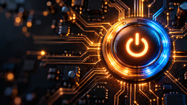 Futuristic glowing power button on electronic circuit board with illuminated digital traces representing hardware startup energy and cyber technology