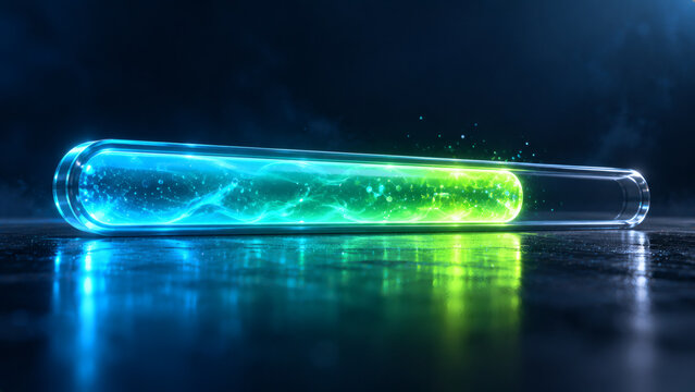 Futuristic neon glowing progress bar with blue and green plasma energy charging inside glass tube on dark reflective surface digital sci fi interface loading concept