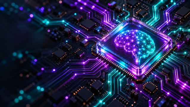 Artificial intelligence processor chip with glowing neon brain on circuit board representing deep learning neural network computing and advanced data processing