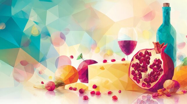 Colorful geometric background with vibrant fruit and wine