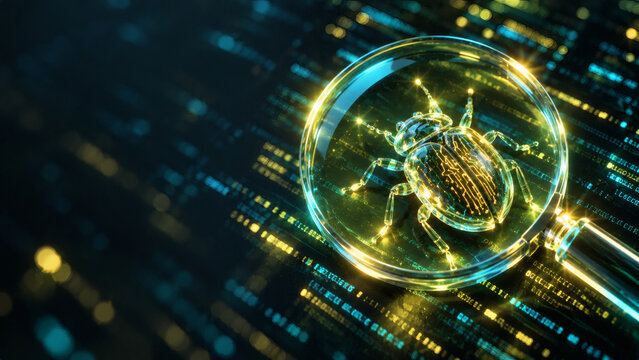 Magnifying glass revealing glowing digital bug beetle on computer circuit code inspecting cybersecurity threat vulnerability in software testing concept