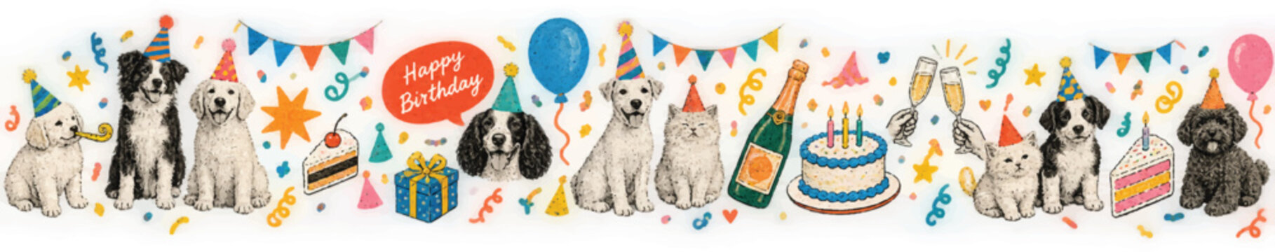 Vintage Dog Birthday Party Clipart Collection with Cakes, Gifts, Balloons and Champagne