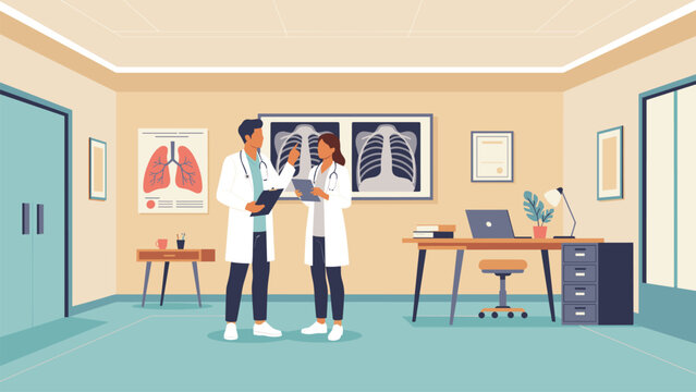 Doctors discuss medical case details in front of lung anatomy charts and x-ray displays within a clinic office.