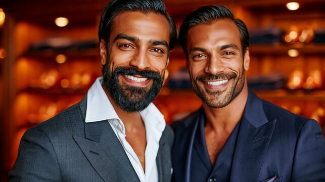 Two smiling men in stylish suits pose together