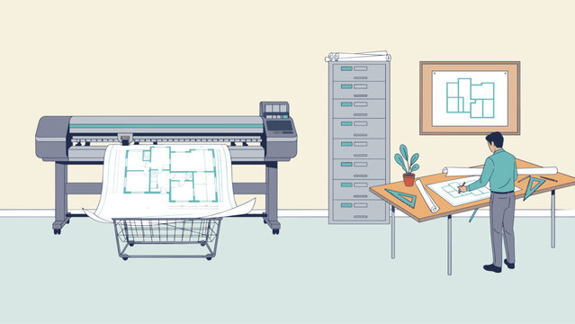 Architect drafting floor plans at a desk inside an office equipped with a large blueprint printer and filing cabinet.