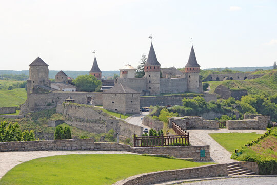Kamianets-Podilskyi Castle medieval fortress under blue sky in Ukraine