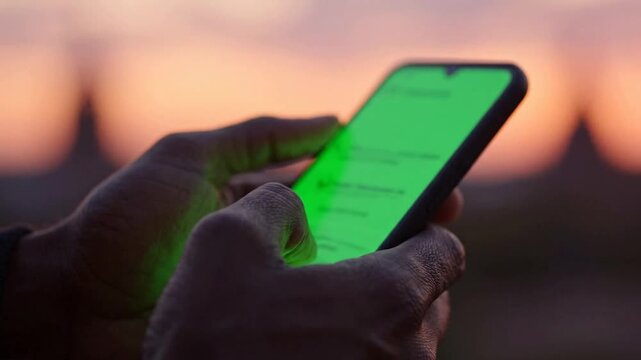 Person using smartphone with green screen chroma key display at sunset for mobile app mockup