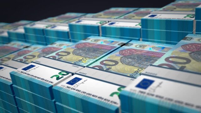 European money Euro banknote bundle growth up loop. EU 20 EUR stacks. Concept of cash pack, banking, travel, business, economy and finance 3d loopable seamless.