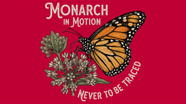 Monarch butterfly on milkweed flower, nature graphic for apparel and stickers. Vintage hand drawn illustration.
