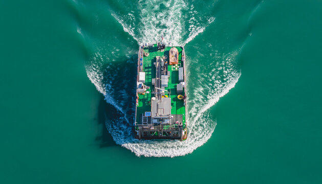 Aerial view of a utility boat navigating on green river water and creating a symmetrical wake in La Voulte-sur-Rhone, Auvergne-Rhone-Alpes, France.
