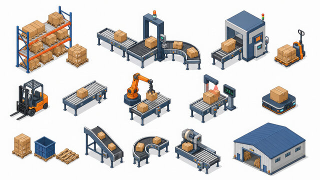 Isometric warehouse automation with conveyor belts and packaging systems
