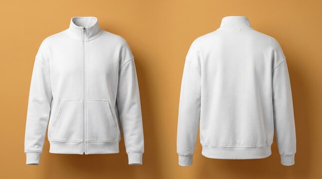 Blank white zip up fleece jacket sweatshirt mockup front and back on orange background