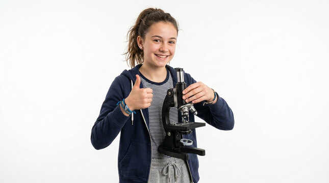 Young student smiling and giving thumbs up with microscope science education curious child exploring laboratory