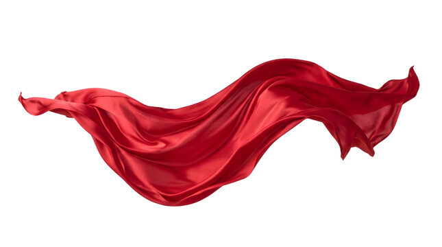 Wave of red silk or satin fabric flowing in the air isolated on white background with red cloth