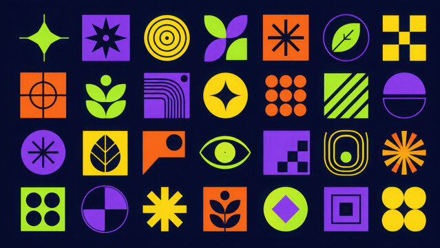 Brutalism shapes, abstract geometric forms, memphis geometric elements. Trendy minimalist basic figures, simple star, plants, lines and circles, modern swiss graphic design element vector set