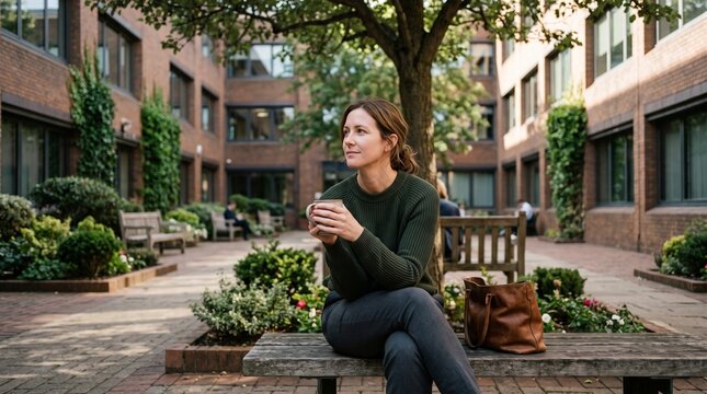 Woman enjoying a coffee break in a tranquil courtyard surrounded by greenery and brick buildings