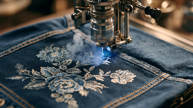 Industrial laser engraving floral pattern on blue denim fabric in workshop