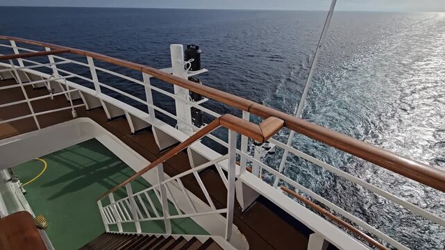 Cruise ship deck overlooks vast, calm ocean waters. Sunlight glints off ship wake behind. Wooden railings frame the view. Stairs lead down to green-painted deck. Open sea stretches to horizon