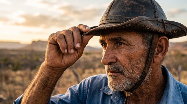 Homem ajustando chap&eacute;u de couro em paisagem rural ao p&ocirc;r do sol