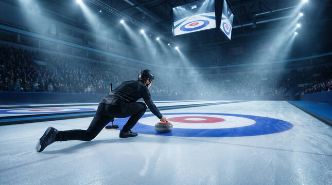 Curler releases stone on ice in competitive sports arena with spectators