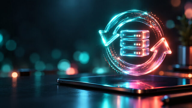 Futuristic glowing holographic server sync icon hovering over digital tablet screen for cloud database backup data transfer and cyber network technology concept