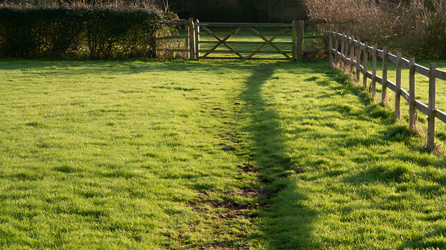 Sunlit green meadow with a dirt path leading toward a wooden gate and a rustic fence, captured in soft morning light during sunrise