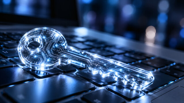 Glowing crystal circuit key resting on laptop keyboard for digital cybersecurity encryption password access and online computer protection concept