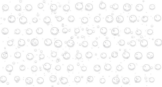 Seamless pattern of smiley face water drops and bubbles on a white background, happy