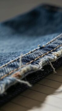 Vertical video: Shifting camera focus along denim hem on lined paper, highlighting loose threads