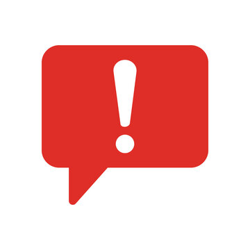 Red speech bubble icon with a white exclamation mark symbol for alert and important notification
