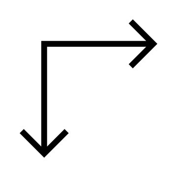Black outline corner arrow icon pointing right and down for website navigation or interface design
