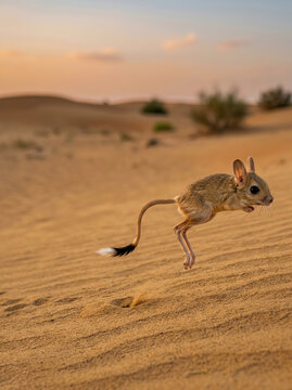 Lesser Egyptian jerboa jumping over sand dunes in Arabian desert at sunset