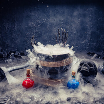 Spooky Halloween setup features smoke and potions.