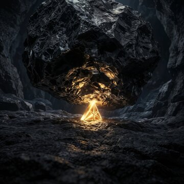 A tiny glowing golden wedge effortlessly lifts a massive dark obsidian boulder, a powerful visual metaphor for leverage and working smarter, not harder.