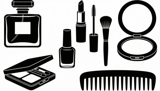 makeup kit, perfume, lipstick, mascara, brush, nail polish, compact powder, eyeshadow palette, comb, black silhouette vector illustration, beauty equipment icons set