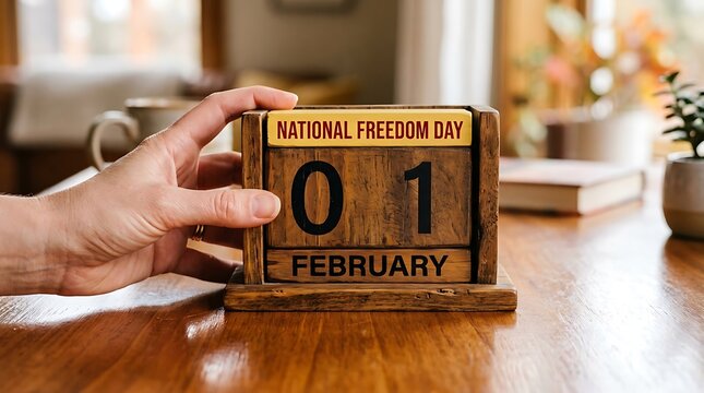 A human hand carefully adjusts the wooden panels of a classic flip calendar to show the first day of february creating a cozy