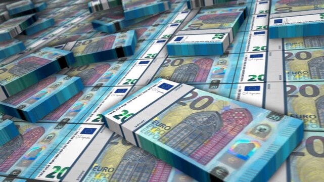 European money Euro banknote bundle loop. EU 20 EUR money stacks. Concept of business, economy, banking and finance. Camera over cash packs loopable seamless 3d.