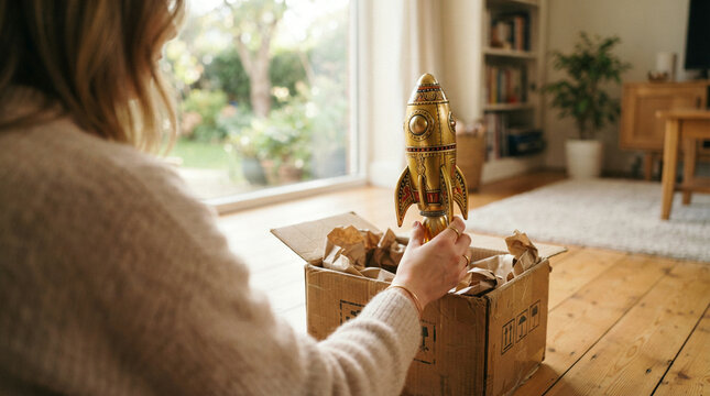 Woman lifting a gold rocket figurine from a cardboard box in soft daylight