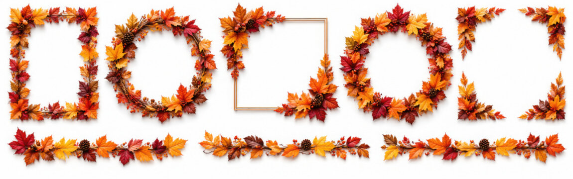 Set of autumn borders, frames, and corner arrangements with fall leaves