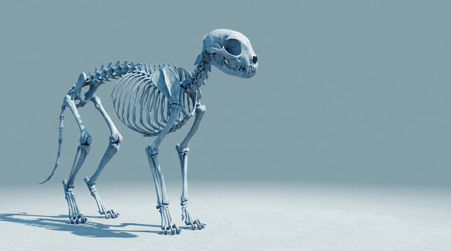 Complete dog skeleton posed walking on a pale blue studio backdrop wall