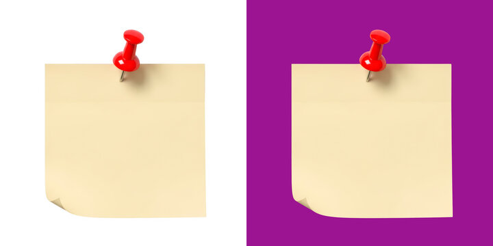 Blank yellow sticky note with red push pin for office reminders transparent png