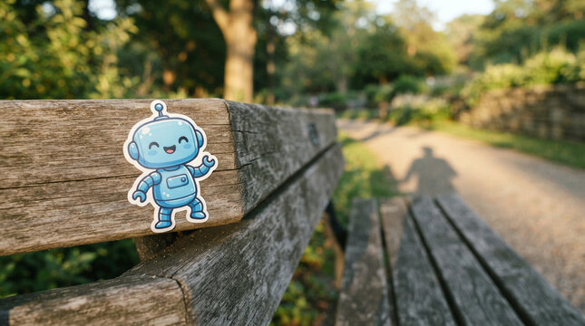 Cartoon robot sticker on a weathered park bench before blurred greenery