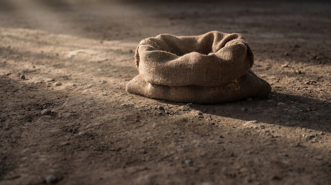 Burlap sack resting on dusty ground in warm sunlight